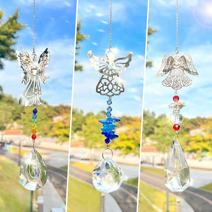 3 Pieces Crystal Sun Catchers - Angel Suncatchers for Windows Glass Heart Prism Sun Catcher with Chain Pendant Hanging Decor for Lamps Light Home Window Curtain Office Garden Car Decoration
