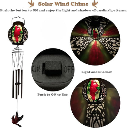 Solar Wind Chimes for Outdoor, Cardinal Garden Decorations Memorial Wind Chimes Deep Tone, Sympathy Windchimes with Detachable Solar Lanterns for Outside Garden Décor, Gifts for Mom, Grandma-Cardinal