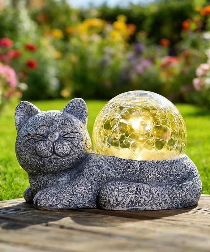Solar Cat Garden Statue Large for Outdoor Decor with Cracked Glass Figurine Lighting Resin Succulent Cat Decorations Patio Lawn Yard Housewarming Mom Gifts