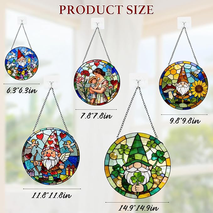 Funoasis Easter Bunny and Gnome Stained Glass Suncatcher - 6.3 Inches Window Hanging Ornaments for Spring Holiday Home Decoration