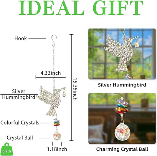 Hanging Silver Hummingbird Suncatcher, Crystal Hummingbird Suncatcher with Rainbow Prisms, Bird Decoration, Home Decoration, Birthday Gift