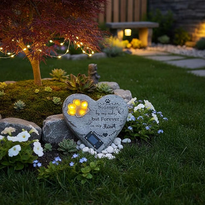 Pet Memorial Stone Solar Lighted Glowing Paw Print Heart Statue with Forever in My Heart Engraved, Pet Headstones for Dogs Cats Waterproof Resin Loss of Dog Sympathy Gift, 10 Inch