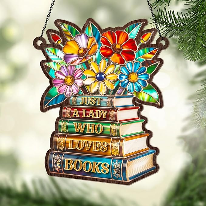 Jesuspirit - Window Hanging Suncatcher – Crystal Clear Acrylic & Wood Sun Catcher for Home Decor, for Women (Just A Lady Who Loves Books, 6 Inches)