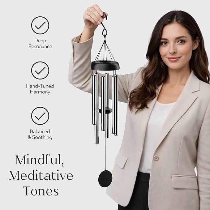 Serene Harmony 32-Inch Deep Tone Wind Chimes - Matte Black & Silver Memorial Chimes for Outside - Weather Resistant Aluminum Decor for Garden, Patio, and Porch