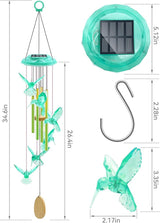 Hummingbird Solar Wind Chimes, Birthday Memorial Gifts for Women Mom, Glowing Top Color Changing Hummingbirds Moblie LED Wind Chime for Outside, Outdoor Home Party Garden Decor Light(Green)