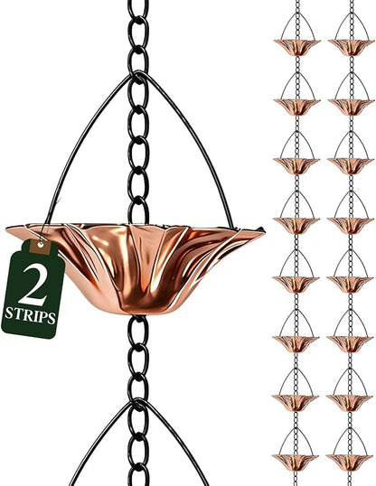 2Items 8.5FT Outdoor Rain Chain with 12 Lotus Cups & Bell, Decorative Rain Chains for Downspouts, Adjustable Gutter Drainage Replacement for Eaves, Easy Installation Water Catcher Chain
