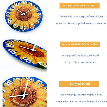 Yoiolclc Outdoor Clock Waterproof-Decorative Sun Flower Wall Clocks for Pool Patio Porch Garden(12 Inch,Sunflower)