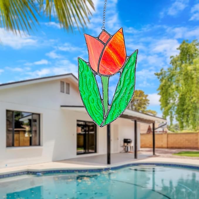 Tulip Stained Glass Window Hanging Suncatcher Handmade Flower Plant Stained Glass Sun Catchers Perfect for Indoor Window,Kitchen,and Living Rooms Spring Home Decor Gifts for Mom Women Plant Lover