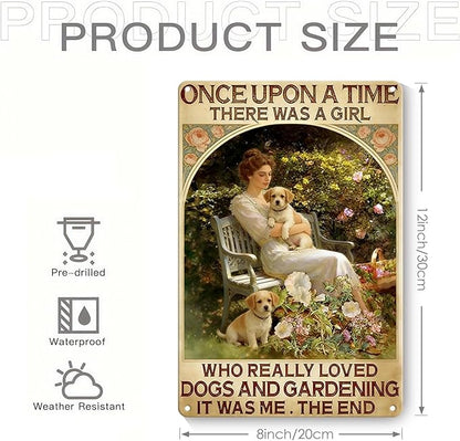 Garden Signs for Outside - A Girl Loves Dogs and Gardening, Funny Metal Signs for Home Garden Patio Yard, Vintage Gardening Gifts for Women, Wall Decor 12" x 8"