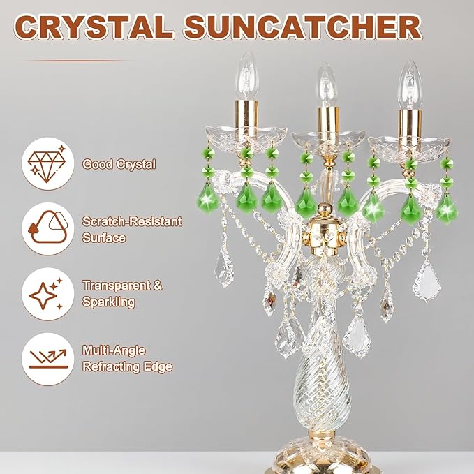 M METERXITY 10PCS Crystal Suncatcher 2 Leaves Prisms Pendants Ornament, 38mm Chandelier Hanging Crystal Sun Catcher Beads for Home Garden Windows Wedding DIY Decoration [Medium Green]
