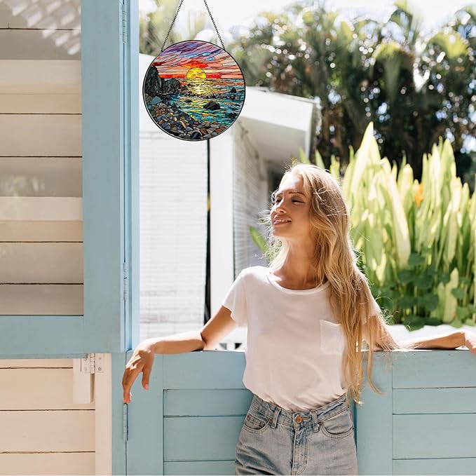 Waves on The Beach Stained Glass Window Hanging Sunset at The Seaside Sun Catcher Beach Lover Gifts for Women Nature Lover Wall Hanger Handmade SunCatcher Decoration, 7.87inch