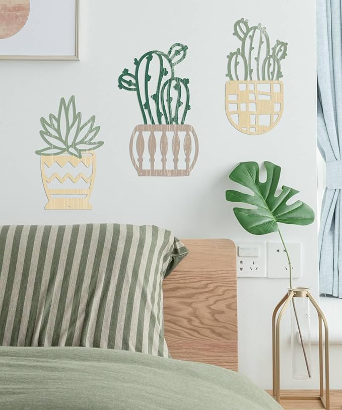 Putuo Decor 3Pcs Western Style Cactus Wall Art, Modern Desert Wall Decor, Rustic Metal Cactus Wall Art for Home, Living Room, Bathroom, Bedroom (Green & Beige)