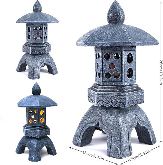 Pagoda Lantern Garden Statue with Solar Lotus Lights, Large Resin Japanese Temple Pagoda Lamp Asian Zen Outdoor Yard Decor for Landscape Patio Porch Lawn Decorations, Christmas Ornament Gift