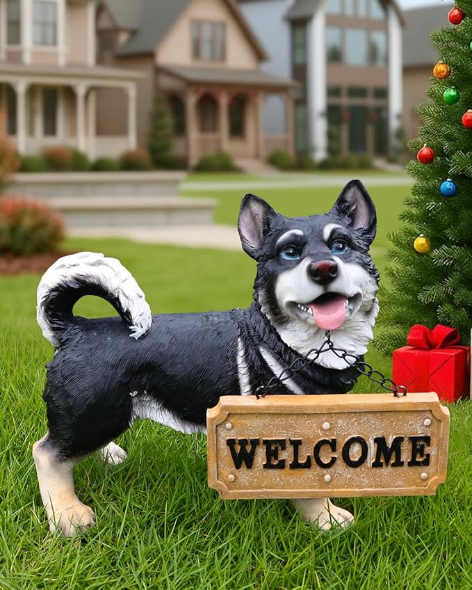 Husky Dog Garden Statue with Solar Lantern Light, Outdoor Resin Animal Figurine with Welcome & On Patrol Sign, Patio Yard Lawn Porch Decor, Housewarming Pet Memorial Gift, 9.8 Inch