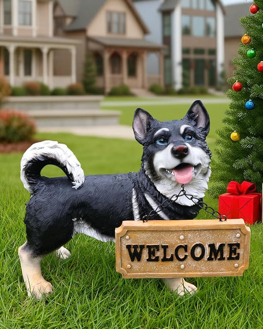 Husky Dog Garden Statue with Solar Lantern Light, Outdoor Resin Animal Figurine with Welcome & On Patrol Sign, Patio Yard Lawn Porch Decor, Housewarming Pet Memorial Gift, 9.8 Inch