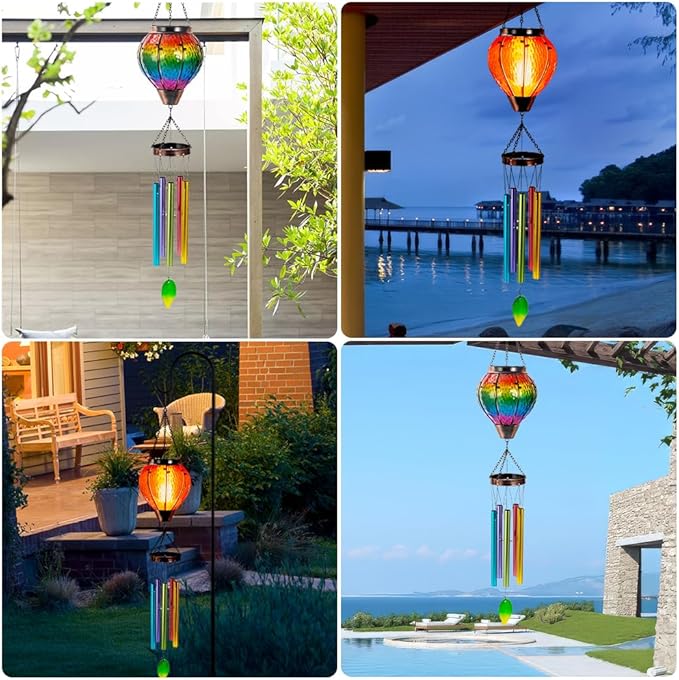 Starsoul Solar Wind Chimes for Outside, Rainbow Hot Air Balloon with Flickering Flame Solar Wind Chime, Glass Windchimes Outdoors Garden Decor, Gift for Mother's Day Mom Grandma