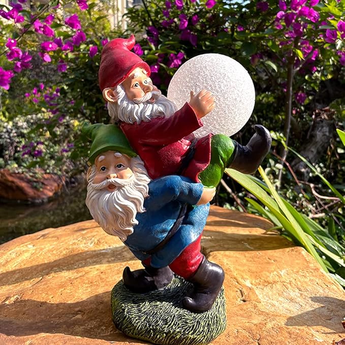 Solar Powered 2 Gnomes Playing with Ball, Decorated Solar Light, Garden Decorations Statues, Resin Garden Figurines (2 Gnomes with a Glass Ball)