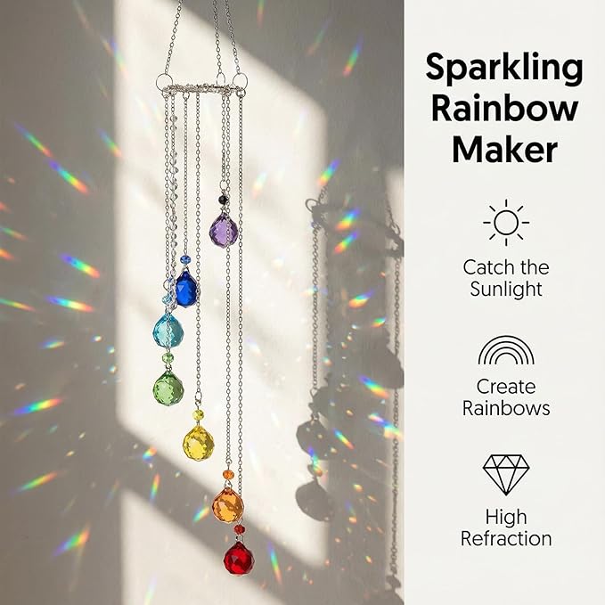 Handmade Crystal Suncatcher Wind Chime - Colorful Rainbow Maker Prisms for Window & Garden Decor, Perfect Indoor Outdoor Hanging Ornament & Gift