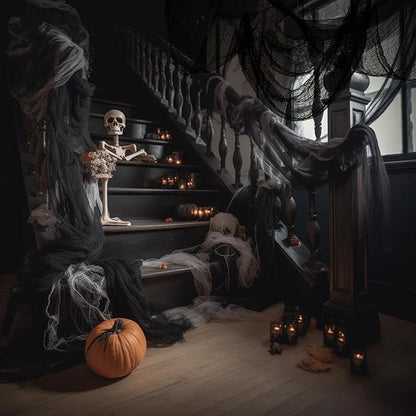 6 Pcs Halloween Decorations Creepy Cloth Indoor Outdoor, Scary Gauze Halloween Party Decoration, Spooky Home Decor Supplies for Table Tree Garden Doorways Haunted House Yard Skeleton (Black, 30"x72")