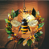 Bee Floral Wreath Acrylic Suncatcher Stained Glass Effect Window Car Hanging Christmas Ornament Indoor Outdoor Decor Garden Sun Catcher Panel for Bee Lover for Women Mom Grandma