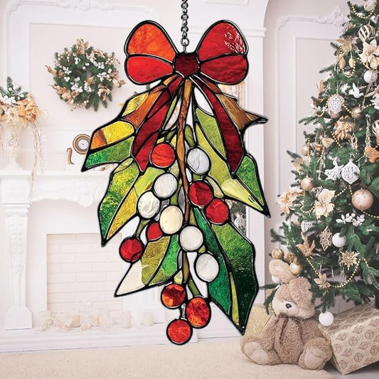 Mosaic Christmas Mistletoe Knot Acrylic Suncatcher Stained Glass Effect Window Car Hanging Christmas Ornament Indoor Outdoor Decor Garden Sun Catcher Panel for Women Mom Grandma