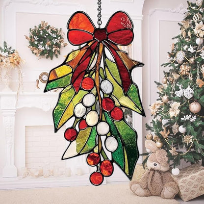 Mosaic Christmas Mistletoe Knot Acrylic Suncatcher Stained Glass Effect Window Car Hanging Christmas Ornament Indoor Outdoor Decor Garden Sun Catcher Panel for Women Mom Grandma
