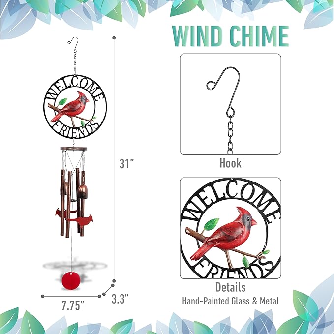 CoTa Global Welcome Friends Red Cardinal Wind Chime - Handmade Metal Hanging Decor, Red Bird Garden Ornament with Copper Tubes, Indoor Outdoor Porch Patio Yard Decoration - 31 Inches