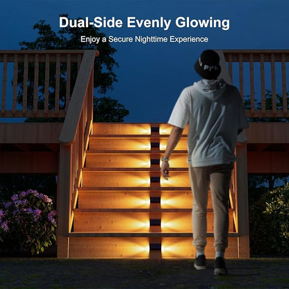 8 Pack Solar Powered Step Lights Outdoor Waterproof LED for Outside Deck Stair Safety Decorative Lamps for Porch, Wall, Fence, Walkway, Yard, Patio, Dual Sided Glow for Enhanced Security Warm White
