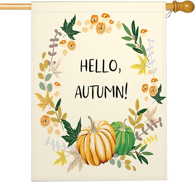 Mugod Hello Autumn Burlap House Flags for Outdoor, Fall Leaves Pumpkin Large Yard Flags 28 x 40 Double Sided Seasonal Decorative Flag for Farmhouse Holiday Decoration