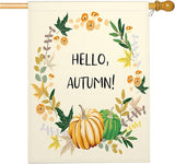 Mugod Hello Autumn Burlap House Flags for Outdoor, Fall Leaves Pumpkin Large Yard Flags 28 x 40 Double Sided Seasonal Decorative Flag for Farmhouse Holiday Decoration