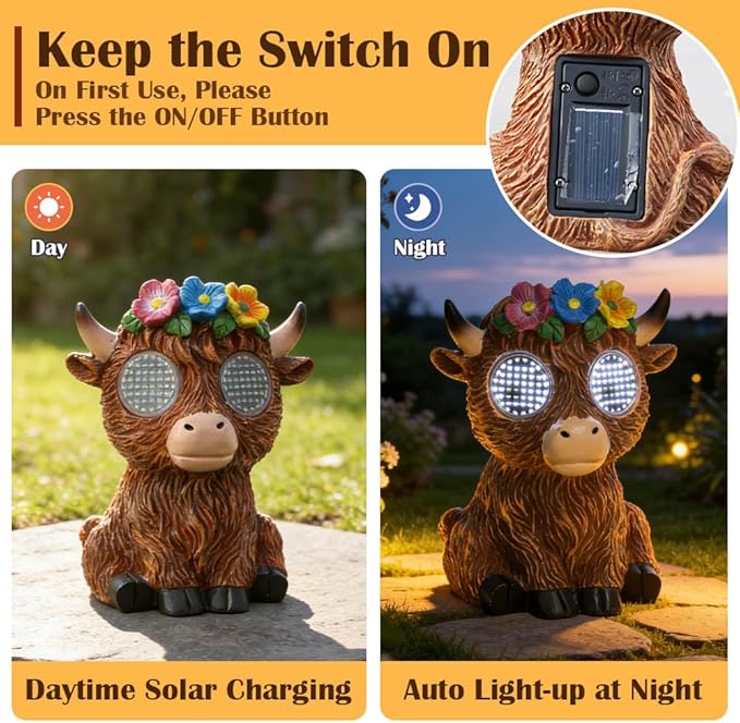 Solar Garden Statue with LED Lights, Dynamic Blinking Lights and Flowers, Outdoor Garden Figurine for Patio Porch Lawn Backyard Decor, Housewarming Gifts for Women (Highland Cow)