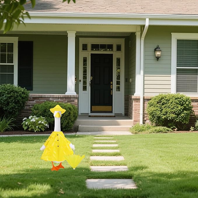 Tinoaly Raincoat Porch Goose Outfits, Waterproof Cement Goose Clothes Patio Concrete Statue Costume with Umbrella & Hat for Outdoor Lawn Garden Yard Decor (Yellow)