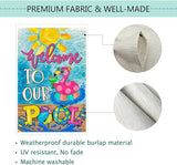 Baccessor Summer Pool Flamingo House Flag Vertical Double Sided Summer Welcome to our Pool Large Yard Flag Double Sided 28x40 Inch Burlap Vertical Seasonal Farmhouse Yard Outdoor Decoration