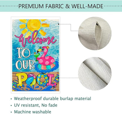 Baccessor Summer Pool Flamingo Garden Flag Double Sided Summer Welcome Pool Small Yard Flag Double Sided 12x18 Inch Burlap Vertical Seasonal Farmhouse Yard Outdoor Decoration