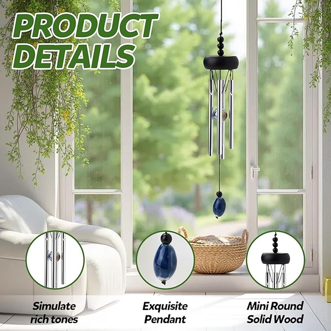 10.6'' Aluminium Mini Wind Chimes with 4 Rods, Memorial Wind Chimes for Outside Small Gifts Deep Tone Unique Garden Patio Hanging Home Decor Black