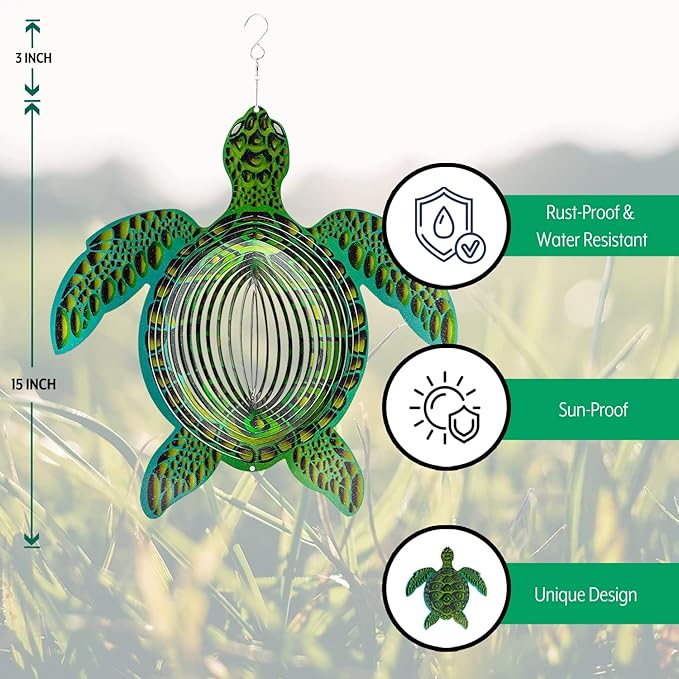 ISEO XL Turtle Wind Spinner for Yard and Garden, Hanging Outdoor Decor, Yard Art, Porch and Patio Decorations, Metal Wind Spinners Outdoor, Weather Resistant, 15”