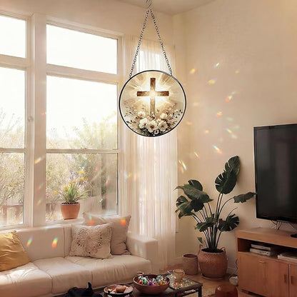 Mifoci 6.3 Inch Stained Glass Window Hanging Cross Suncatchers Indoor Window Christian Gifts for Room Office Decor Aesthetic