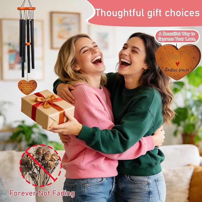 Friendship Gifts Wind Chimes for Outside – Bestie Gifts Engraved Wooden Heart with Gift Box & Card, Birthday Gift for Best Friend Women, Garden Patio Hanging Decor