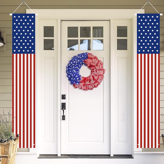 Babycop 4th of July Decorations Outdoor – Patriotic American Flag Porch Banners (2 Pcs) – Red White Blue Hanging Signs for July Fourth, Memorial Day, Veterans Day, Independence Day Yard Decor