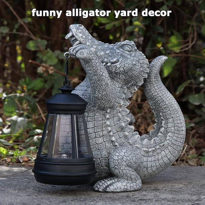 Alligator Solar Garden Decor Outdoor Statue, Crocodile Solar Garden Statues Yard Decorations with Lamp for Outdoor Decor, Unique Yard Art Lawn Sculpture Ornament for Front Porch Patio