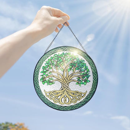 FLAGWIX Tree of Life Gifts for Women Men - Stained Glass Window Hanging 10 in - Birthday Gifts for Mom Grandma, Tree of Life Decorations Indoor, Celtic Suncatchers Garden Decor