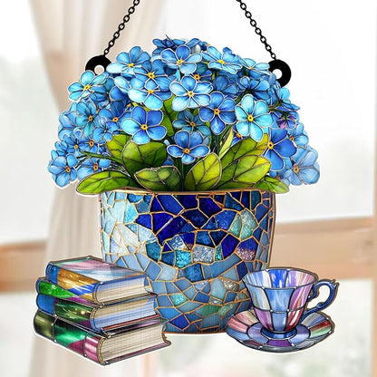 Jesuspirit - Window Hanging Suncatcher – Crystal Clear Acrylic & Wood Sun Catcher for Home Decor, for Women (Forget-Me-Not, Books, and Tea, 8 Inches)