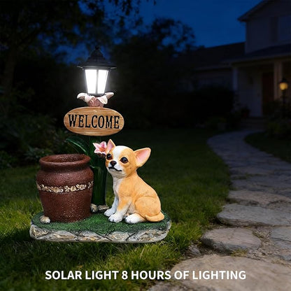 20" Solar Chihuahua Garden Statue with Welcome Sign & Planter - Large Dog Sculpture with LED Street Lantern - Weatherproof Resin Decorative Flower Pot for Porch, Yard & Patio - Pet Lover Gift