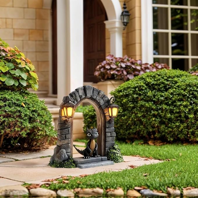Dragon Garden Statue with LED Lanterns, Gothic Stone Archway, Dark Grey Resin, 15x12cm, Fantasy Medieval Decor, Illuminated Design for Outdoor Garden Path