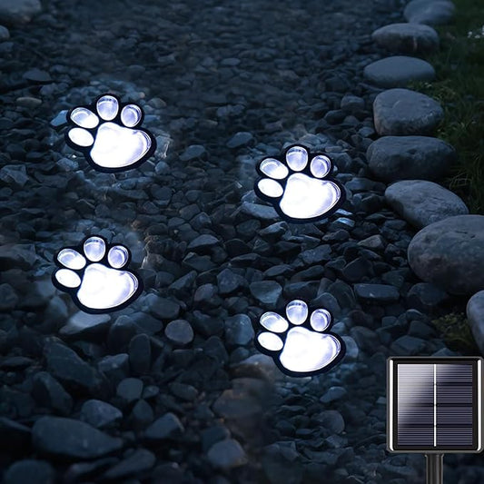 Paw Print Solar Lights - Set of 4 Pack Dog Animal Lights Waterproof,Paw Print Solar Lighting Outdoor Garden, Pet Lover’s Garden Path Lighting, Walkway Lighting for Yard (Cool White)