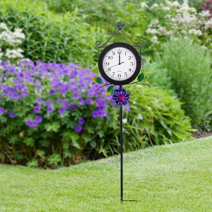 Outdoor Clock with Garden Stake, Flower Birdhouse Outdoor Wall Clock Waterproof, Silent No-Ticking Outdoor Clocks for Garden, Patio, Yard, Fence