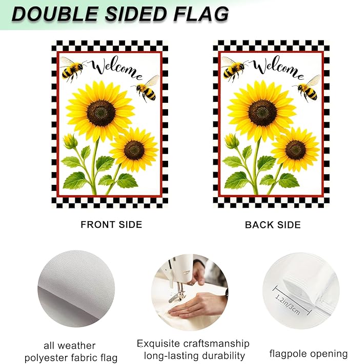 IVN Welcome Garden Flag 12x18 Inch Double Sided Spring Summer Yard Flags Sunflower Bees Decorative Small Flags for Outdoor Seasonal Front Door Lawn Porch Patio Decor Yard Flag