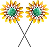 2pcs Sunflower Wind Spinner Outdoor, Freestanding Kinetic Wind Sculpture with Stake, Metal Windmill for Outside Garden Lawn Yard Art Decorations Yellow