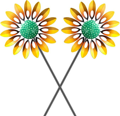 2pcs Sunflower Wind Spinner Outdoor, Freestanding Kinetic Wind Sculpture with Stake, Metal Windmill for Outside Garden Lawn Yard Art Decorations Yellow