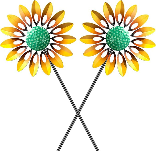 2pcs Sunflower Wind Spinner Outdoor, Freestanding Kinetic Wind Sculpture with Stake, Metal Windmill for Outside Garden Lawn Yard Art Decorations Yellow
